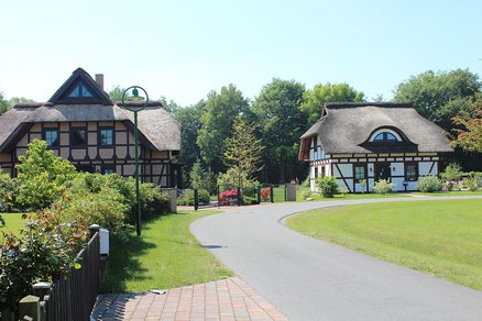zeigt eine Straße, an der mehrere größere neue Wohngebäude in Fachwerkbauweise und mit Schilfdach stehen