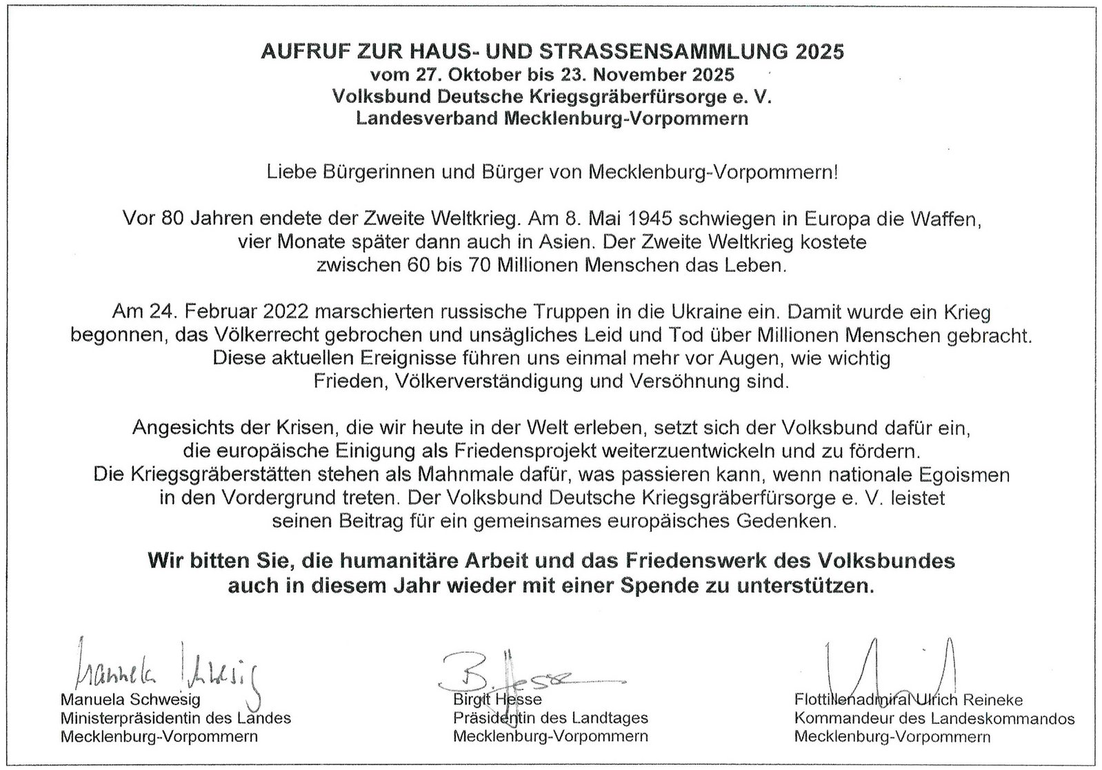 zeigt Aufruf zur Haus und Straßensammlung 2025 des Volksbundes Deutsche Kriegsgräberfürsorge