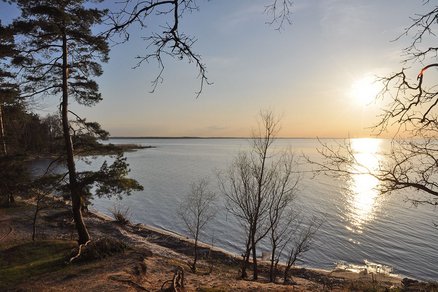 zeigt Blick auf den Naturstrand Altwarp Siedlung und das Haff bei Sonnenuntergang 