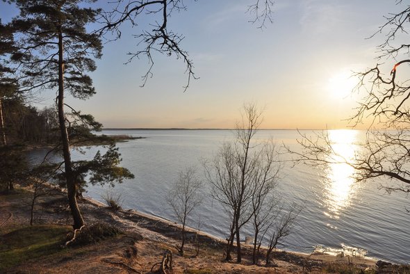 zeigt Blick über Naturstrand und Haff mit Sonnenuntergang
